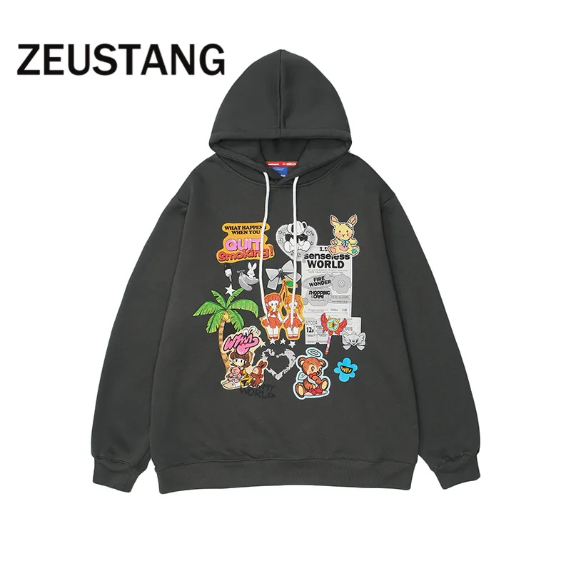 

Флисовые модные толстовки с капюшоном Zeustang, пуловер с рисунком животных каракули, толстовки, уличная одежда в стиле хип-хоп, Повседневная Св...