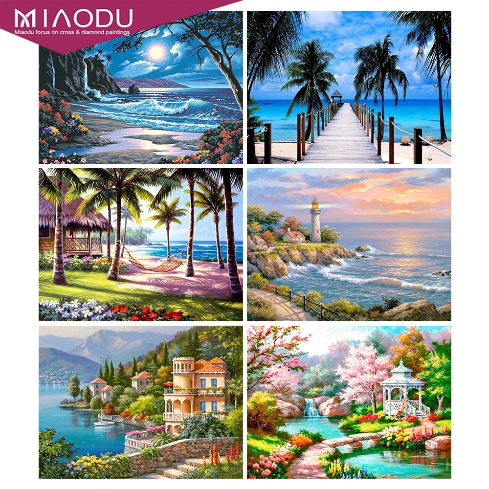 

Miaodu 5D Diamond Embroidery Landscape Round Drill Diamond Painting Seascape Cross Stitch Kits Home Handmade Gift Wall Decor