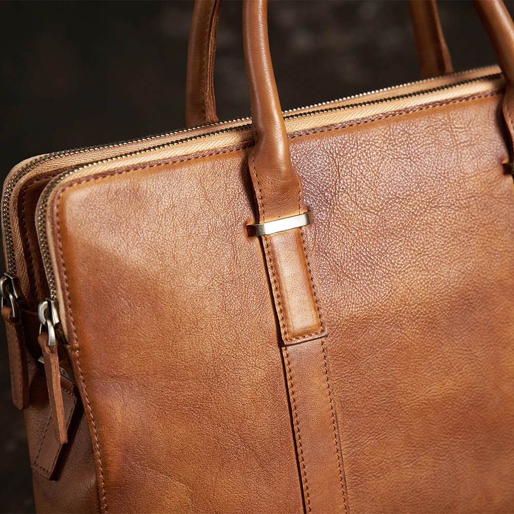 

ZRCX Vintage Briefcase Men Shoulder Handmade 100% Genuine Leather Bag Brown Laptop Business Bags Handbags Casual High Quality
