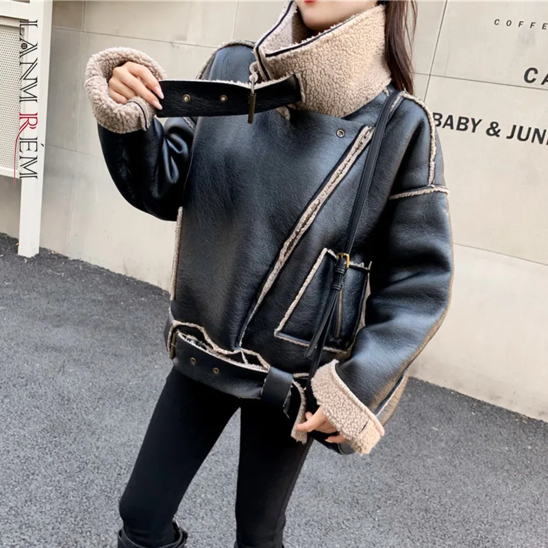 

LANMREM Lamb Wool Coat Women's 2022 New Autumn Winter Large Lapel Chic Fur Leather Patchwork Jacket Coats Female Fashion 2C594