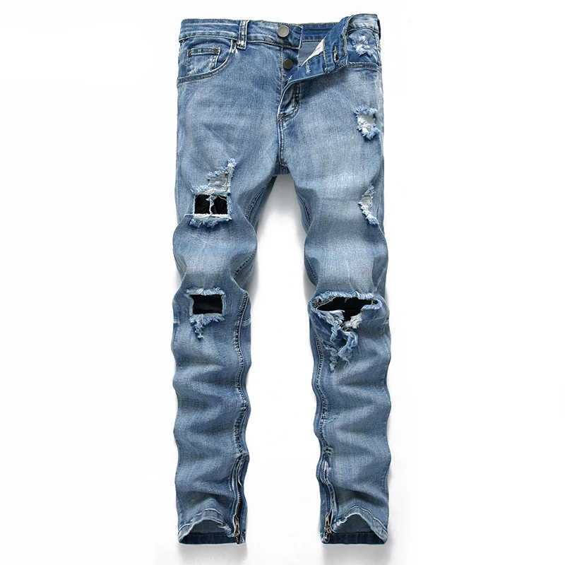 Однотонные рваные джинсы Мужские повседневные Прямые брюки со средней талией