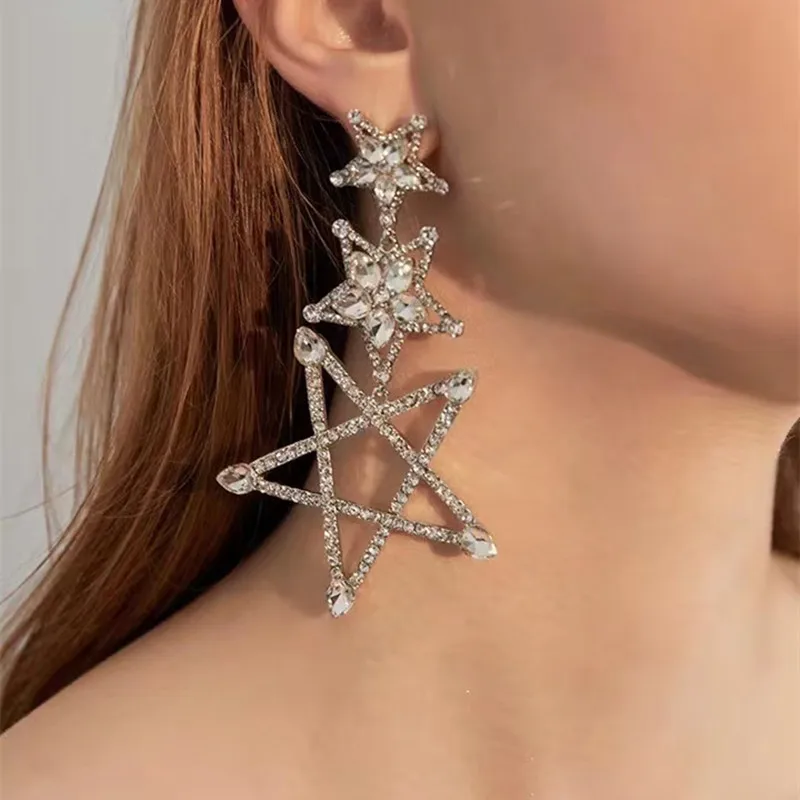 Женские сверкающие серьги подвески со стразами большие в форме звезды модные
