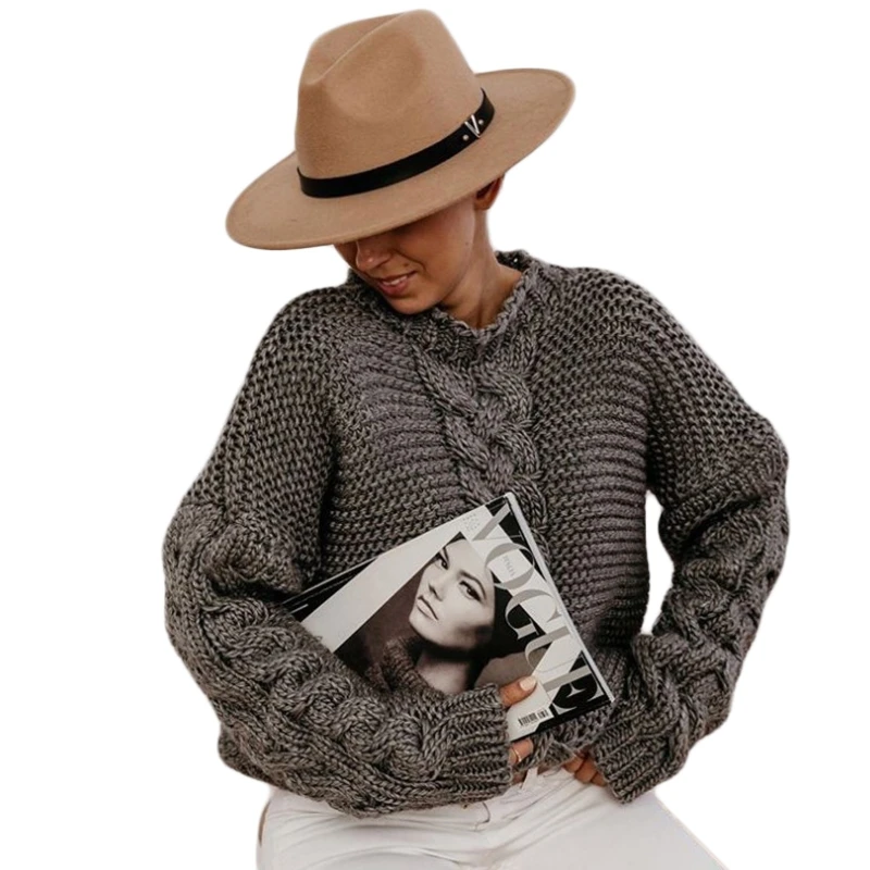 

Women Winter Long Sleeve V-Neck Sweater Chunky Braided Cable Knitted Pullover Top Solid Color Casual Loose Jumper Shirt