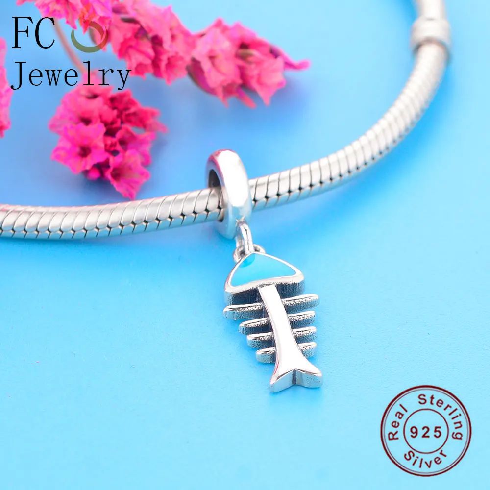 FC Jewelry Fit Original Brand Charm Bracelet 925 Sterling Silver Blue Enamel Fish Bone Cat Food Bead Making Berloque 2019 DIY | Украшения и