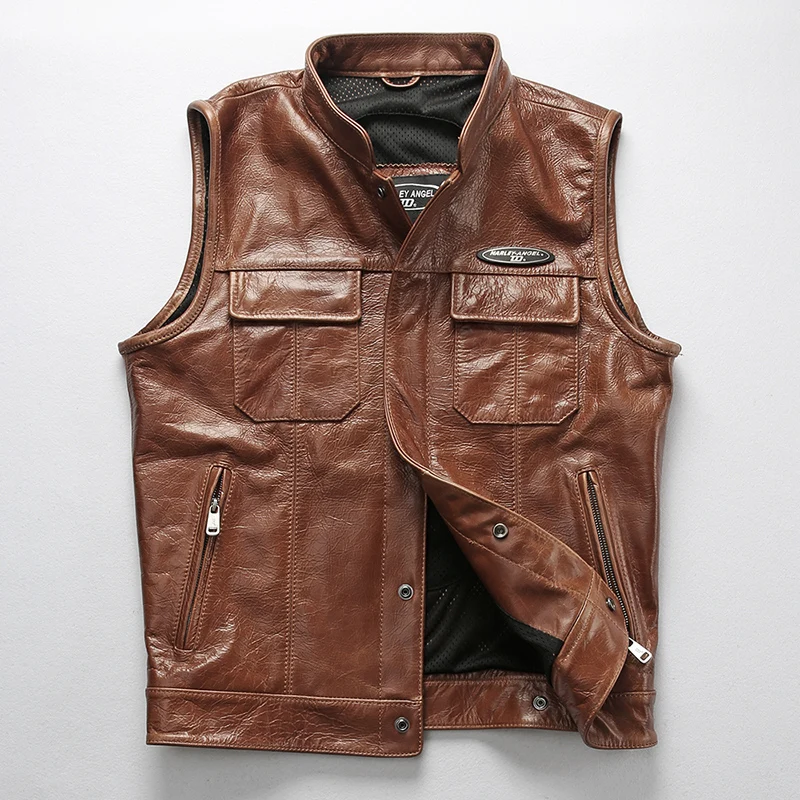 

Soft Men's Professional Cowhide NewStyle Motorcycle Biker Sleeveless Jacket Male Genuine Leather Vest Free Shipping
