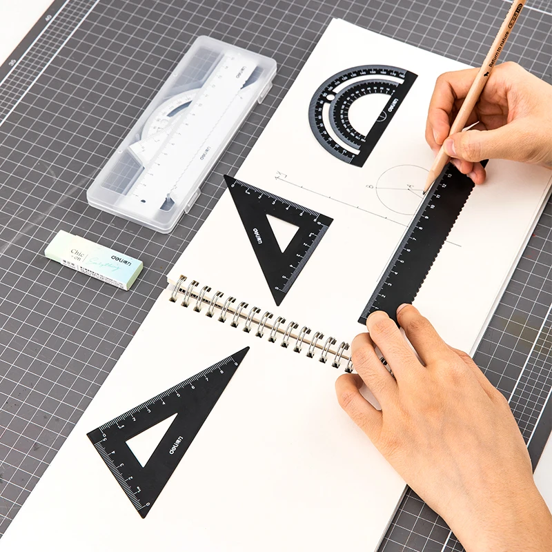 DELI Aluminum Ruler Set Drawing Measurement Triangle ruler straightedge Protractor Drafting Supplies Geometry rulers set | Канцтовары