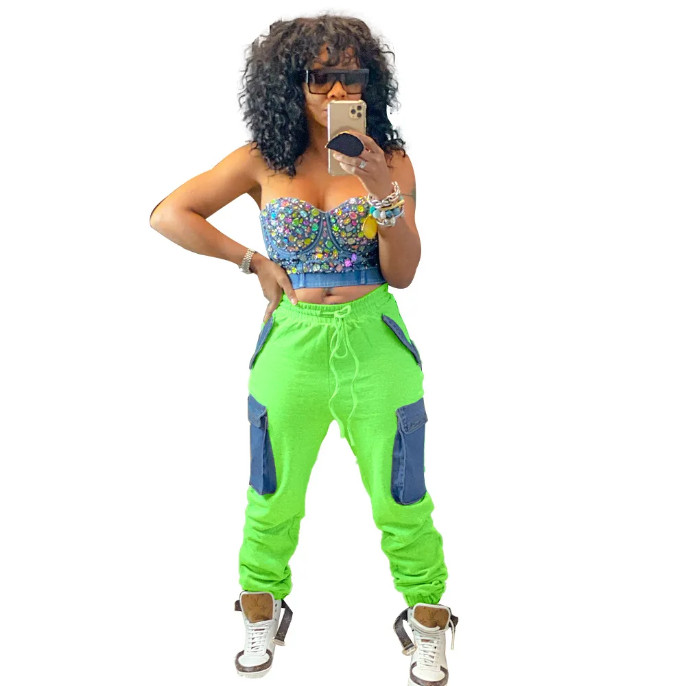 

Fashion Autumn Women Casual Pants High Waist Drawstring Patchwork Cargo Pockets Ankle Banded Pants For Sports Party Real Photos