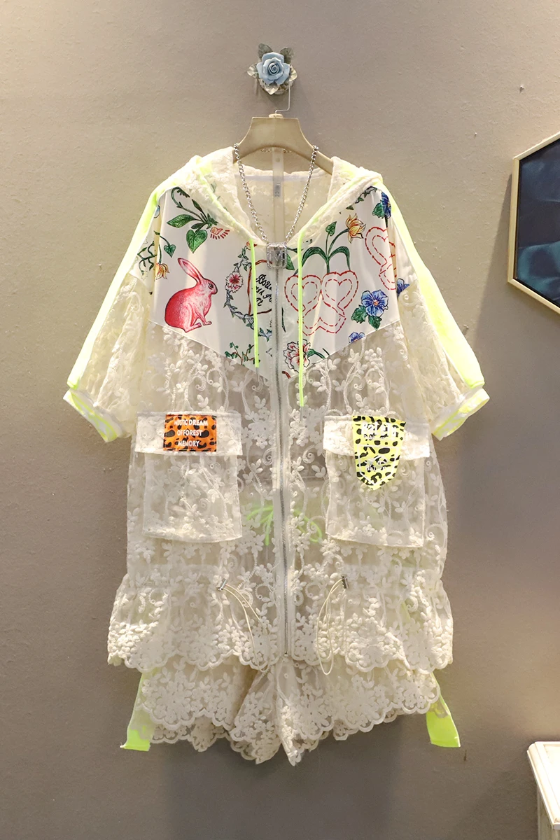 

QING MO Apricot Women Lace Set 2021 Summer Women Cartoon Printed Sun Protection Coat + High Waist Drawstring Pants ZQY7397