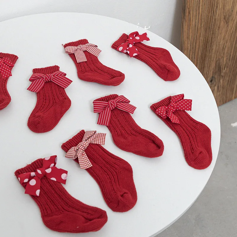 1 пара детские рождественские носки с красным бантом в полоску горошек | Детская