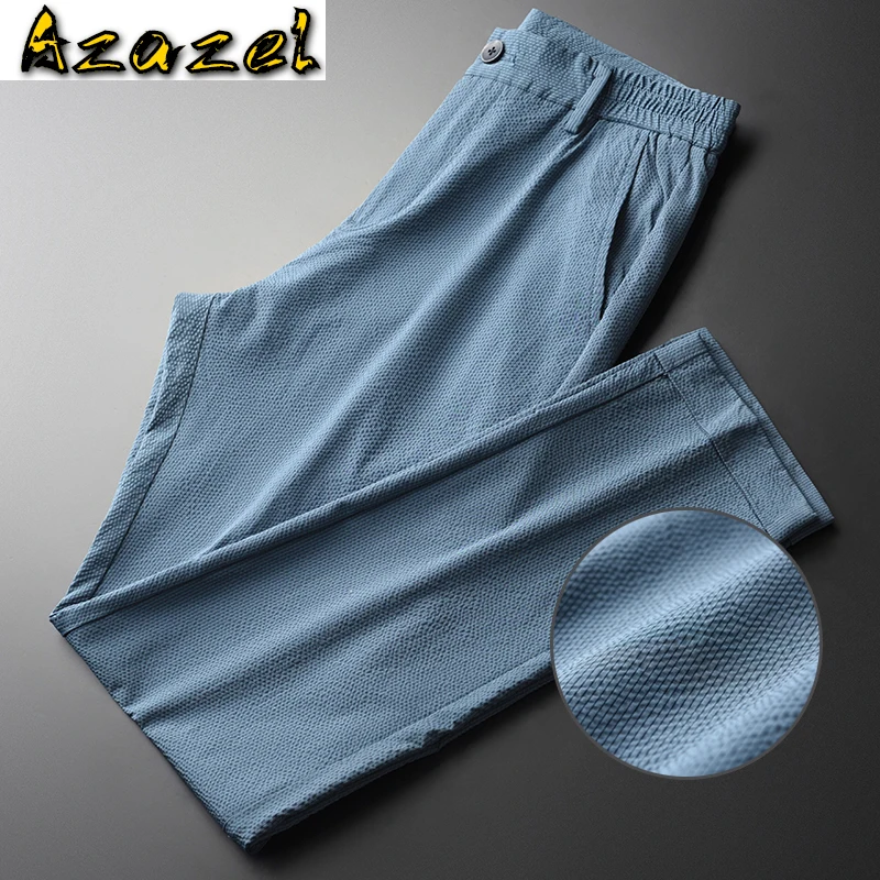 Azazel Summer Blue Mens Pants Luxury Solid Color Vertical Stripe Ventilate Male Pants Plus Size 4xl Slim Casual Men's Trousers