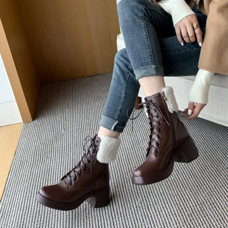 

KemeKiss Women Snow Boots Fashion Platform Real Leather Warm Fur High Heel Winter Shoes Woman Plush Hot Short Boot Size 34-40