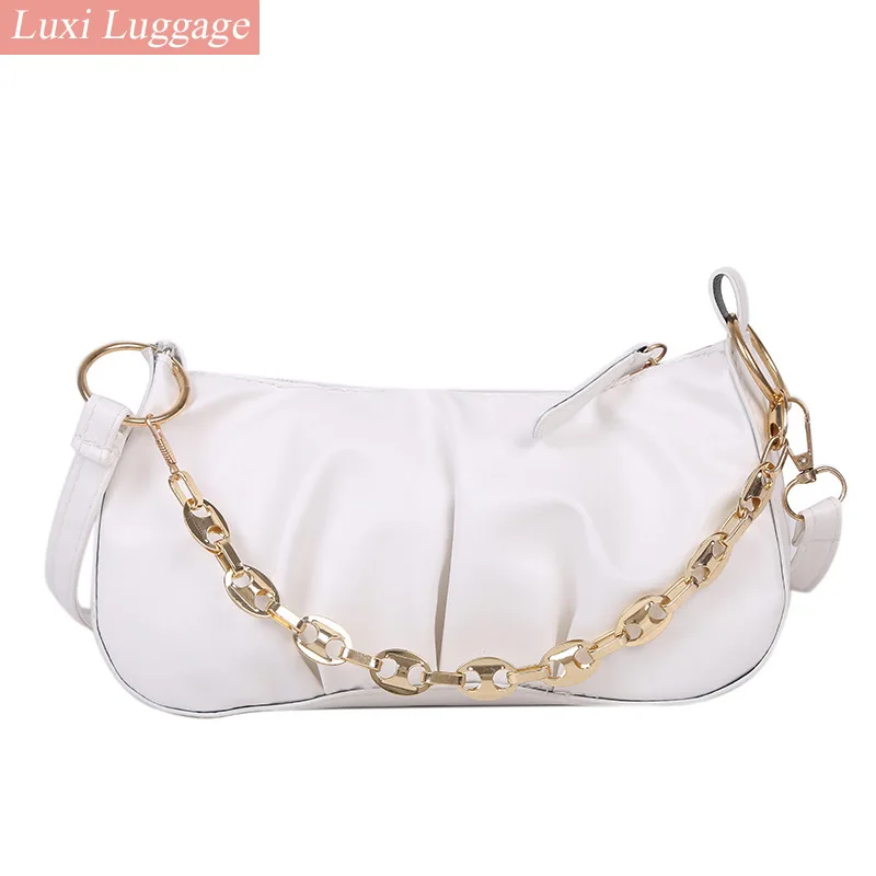 

2021 New Thick Chain Shoulder Bags for Women Pu Leather Pleated Cloud Bag Simple Crossbody Bag Casual Ladies Baguette Bag