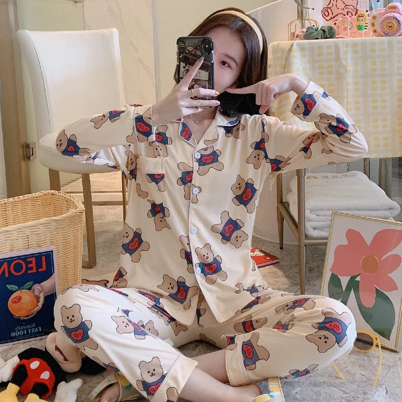 Women's Pajamas Spring Autumn Korean Long Sleeve Nightgown Cardigan Cartoon Leisure Nightwear Home Suit Sleepwear Sleep Wear