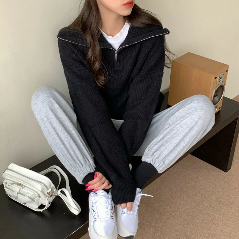 

Winter Women's Top Loose Stand Collar Zipper Long Sleeve Pullover Sweater