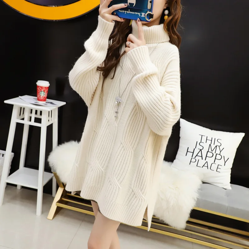 

Long-sleeved Turtleneck Mid-length Sweater Female Loose Side Split Solid Color Rib Small Fresh Sweater Pullover Women Spring