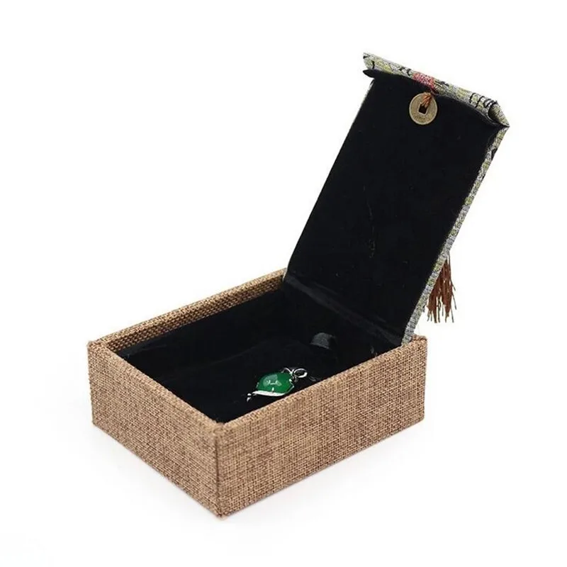 B-Pendant box Ретро Китайская каллиграфия кольцо ожерелье браслет Органайзер Дисплей Чехол льняной кисточкой кольцо коробка для хранения ювелирных изделий подарочные коробки - Цвет: B-Pendant box