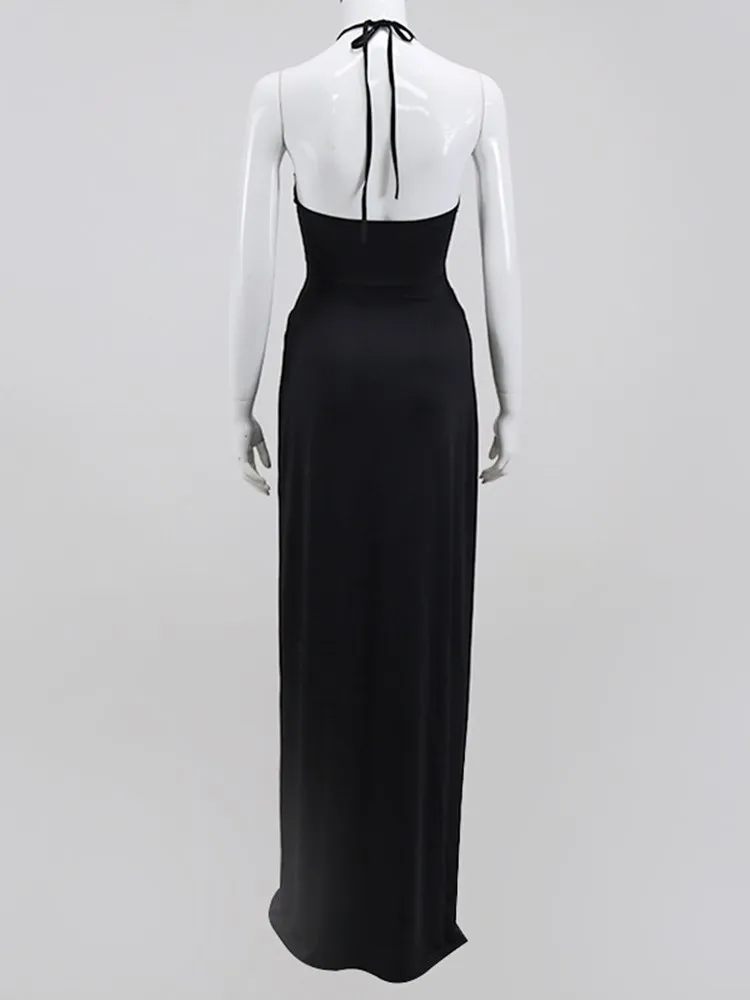 

WJFZQM Halter Hollow Out Split Ruched Summer Maxi Dress Women Sleeveless Backless Long Bodycon Dress Elegant Wrap Party Dresses