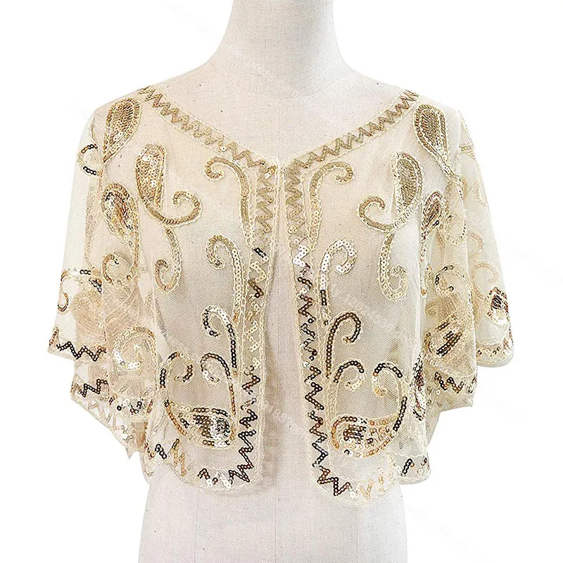 Apricot Shawl -D Винтажная черная сетка 1920s& блестки Хлопушка капель розовый/бежевый/Абрикосовый/розовый - Цвет: Apricot Shawl -D