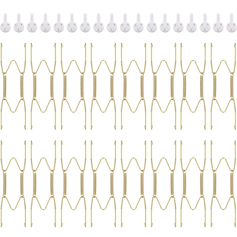 

16 Pieces 6 Inch Invisible Plate Hangers Wall Plate Hangers Brass Wire Plate Holders with 18 Pieces Wall Hooks for 5 to 7 Inch D