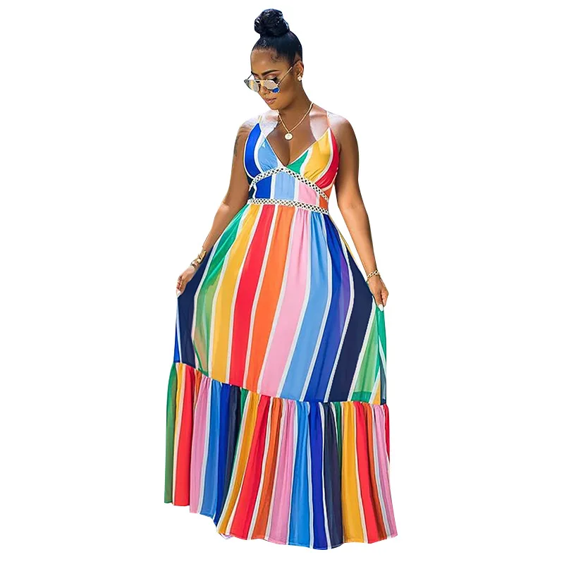 

Xia new women's dress rainbow strip skirt sling backless dress