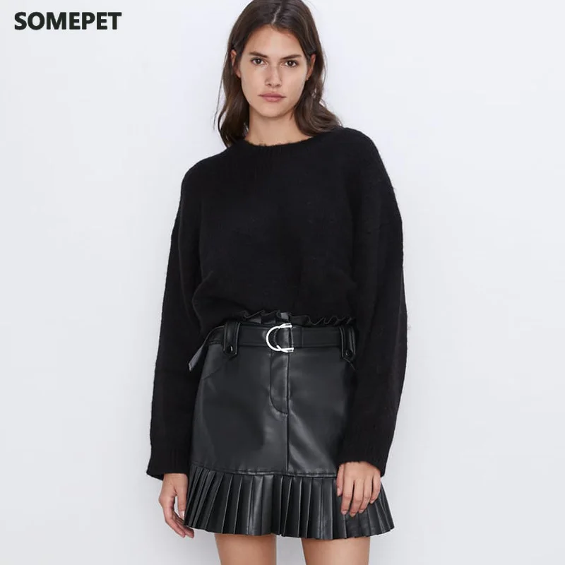 

Black PU Skirts Women Fashion Faux Leather Skirt Women Elegant Tie Belt Waist Mini Skirts Female Ladies