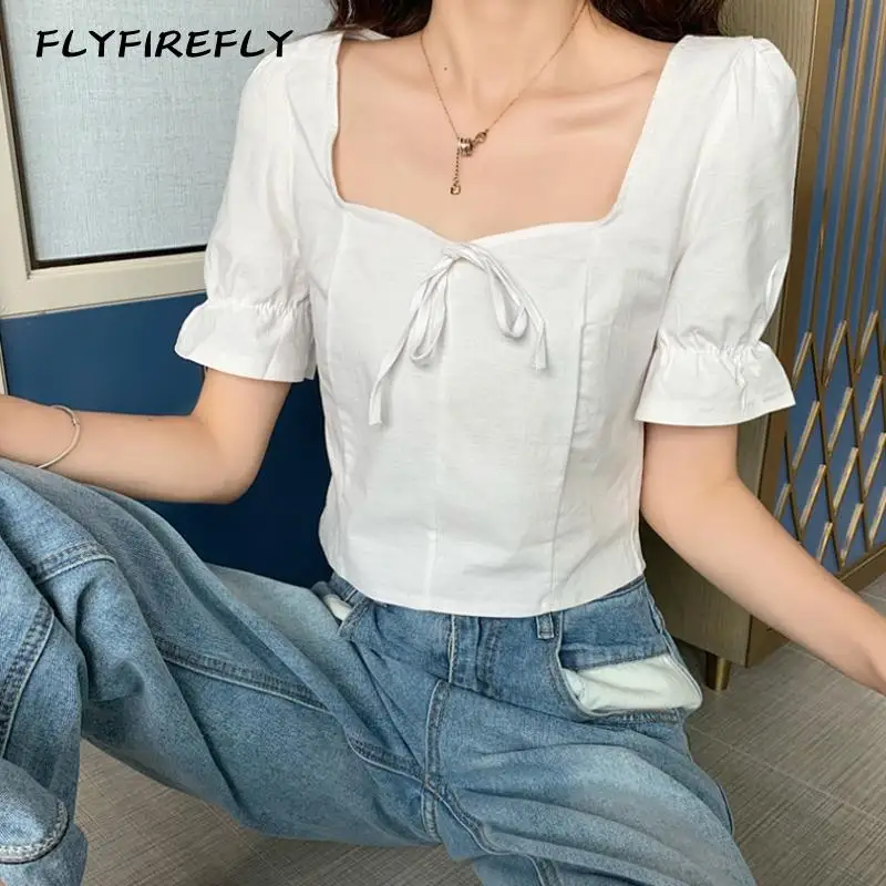 

White blouse women vintage ruffle shirt streetwear ladies tops elegant square neck top korean style women lantern sleeve blusas