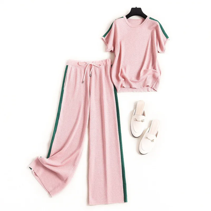 구매 여성 라운지웨어 세트 여름 2020 반팔 컬러 블록 스트라이프 니트 탑스 풀오버 와이드 레그 팬츠 투피스 세트 핑크 저렴한 여성 라운지웨어 세트 여름 2020 반팔 컬러 블록 스트라이프 니트 탑스 풀오버 와이드 레그 팬츠 투피스 세트 핑크