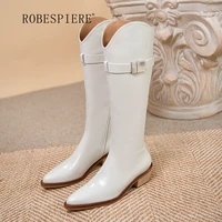 robespiere 2021 winter new all match fashion boots leather side zipper womens boots thick heel metal buckle mid tube boots b289