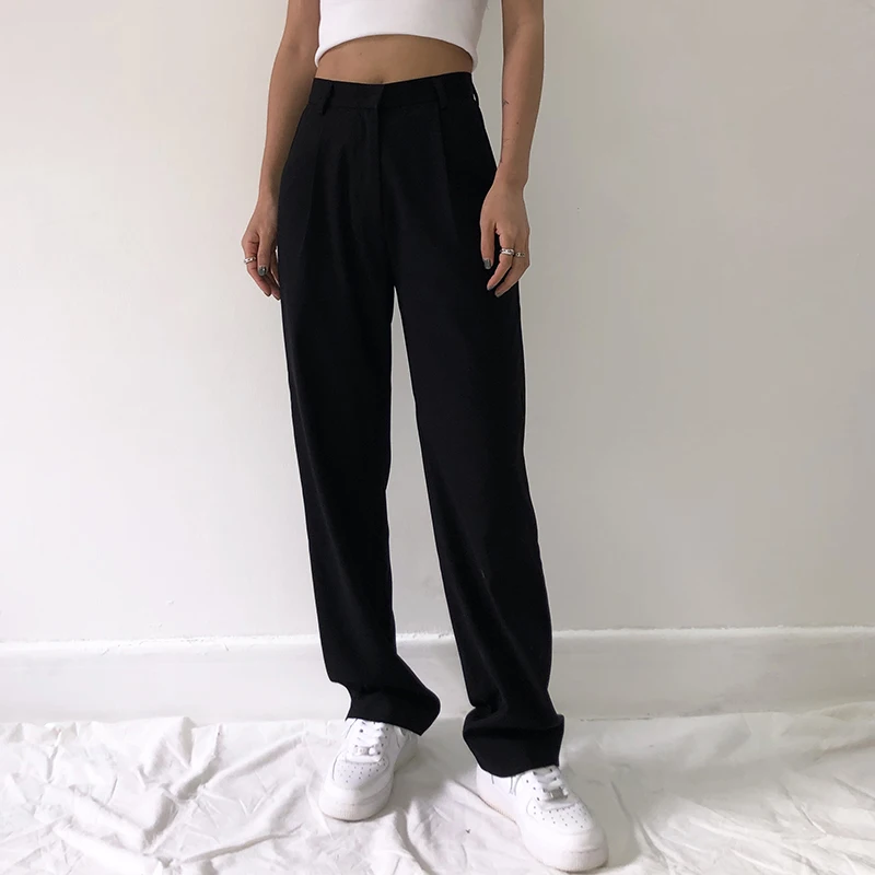 

2021 Fashion Straight Suit Women Pants High Waist Casual Office Lady Pants Full Length Wide Leg Loose Female Black Mom Trousers