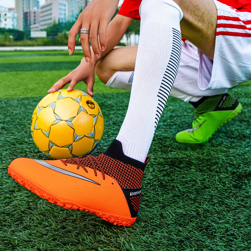 Orange Professional Football Boots Men Soccer Shoes Anti-slip Sneakers Men Outdoor Sport Socks Soccer Cleats Man botas de futbol