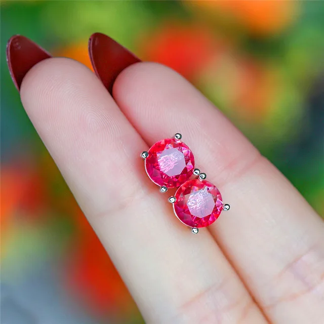 Round Pink Yellow Мистик огненный Кристалл Камень круглые серьги гвоздики для женщин 925 Серебряный Цвет Радуга синий красный зеленый циркон двойные серьги для свадьбы - Окраска металла: Round Pink Yellow