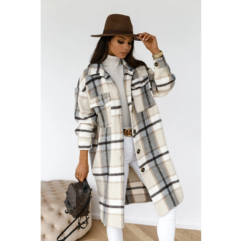 Горячая Распродажа 2021, женские зимние пальто и куртки с длинным рукавом, средняя длина, на пуговицах, с отворотом, теплая клетчатая полосата...