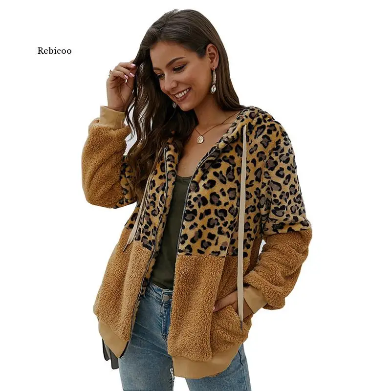 

Leopard Patchwork Women Teddy Coat Autumn Hooded Fluffy Plush Winter Faux Fur Jacket Coat Women Plus Size Overcoat