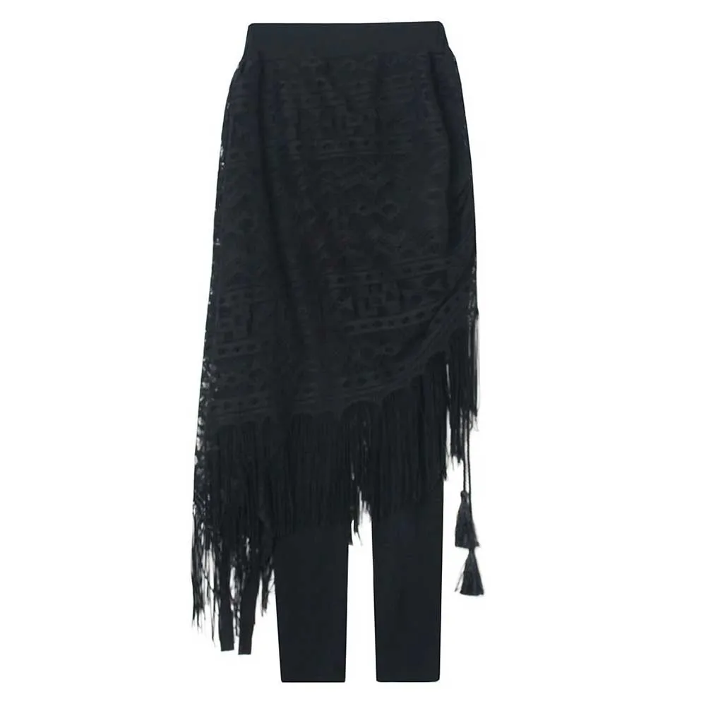 

Streetwear Gothic Leggings Women Fake Two Pieces Mesh Patchwork Tassel Fashion Fitness Legging 2021 Spring Leggins Chic