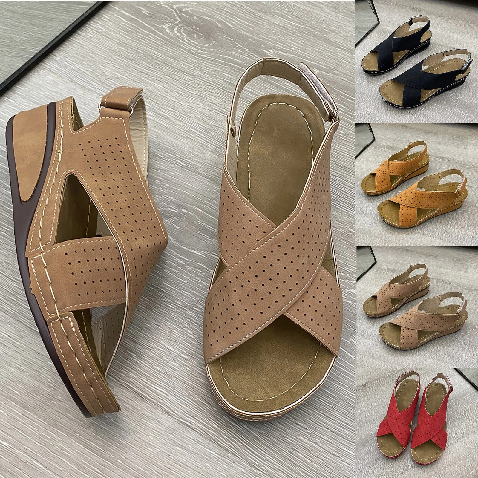 

Сандалии Женские однотонные на танкетке, Повседневная пляжная обувь, дышащие, с прорезями, удобная и износостойкая верхняя одежда