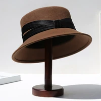 autumn japanese fashion simple fisherman hat winter camel warm wool hat female british style belt flat top basin hat wholesale