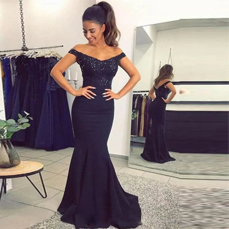

2020 strapless less evening dress chiffon robe de soiree Navy blue lace Appliques beading dress for party zipper back dress 2020