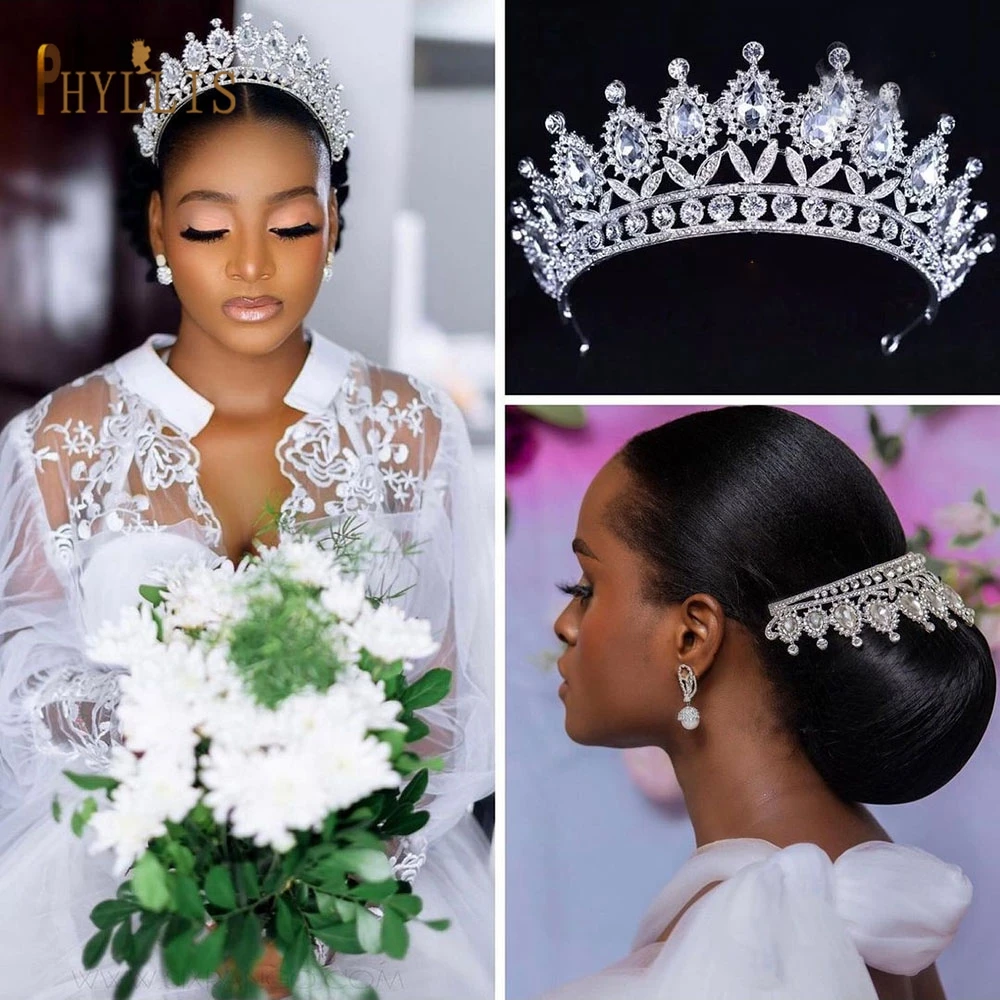 A111 Wedding Tiaras and Crowns for Bride Headwear Earring Necklace Jewelry Set Bridal Headpiece Rhinestone Headband Queen Diadem images - 6