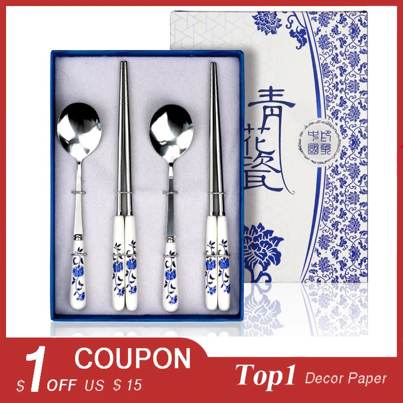 

Cyan Porcelain Chopsticks Forks Blue And White Knife Kitchen Tools Dinnerware Sets Cutlery For Travel Office Home Western Party