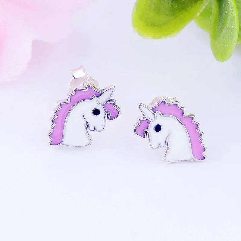 Серьги гвоздики с розовой эмалью и единорогом для девочек 100% Серебро 925 пробы