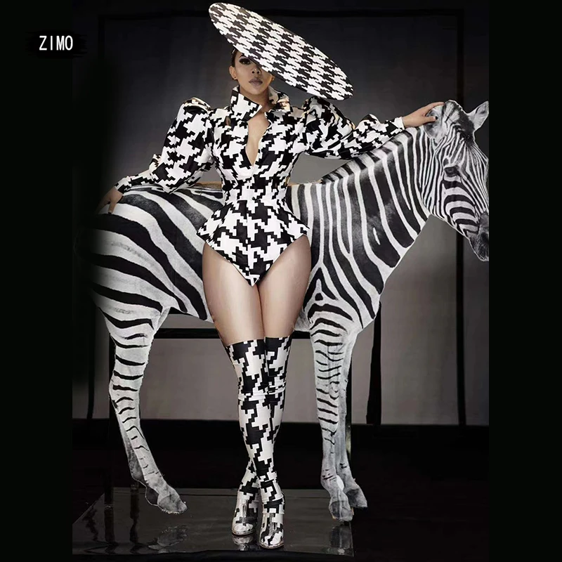 

Suit Women 4 pieces Modern Festival Party Zebra Stripe Print Sexy Pole Dj Singer Stage Houndstooth Rave Dance drag queen Clothes