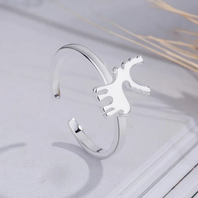 

Genuine 925 Sterling Silver Ring Smooth Surface Cute Animal Deer Elk Adjustable Ring Fine Jewelry For Women Party Bijoux Gift