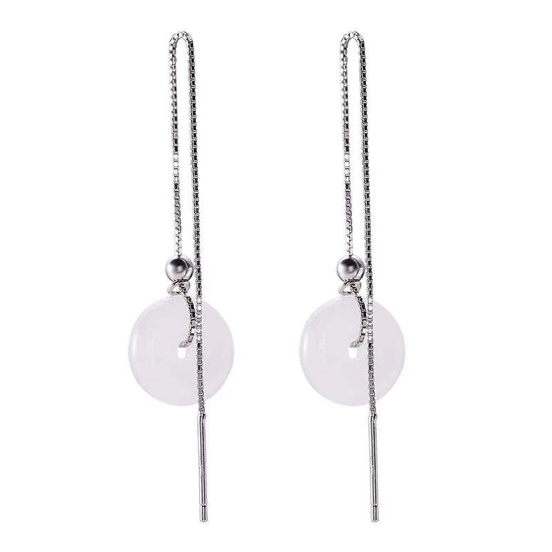 

BONLAVIE S925 Sterling Silver Hetian Jade Hanging Earrings Women's Fashion Elegant Long Tassel Ear Stud Earrings