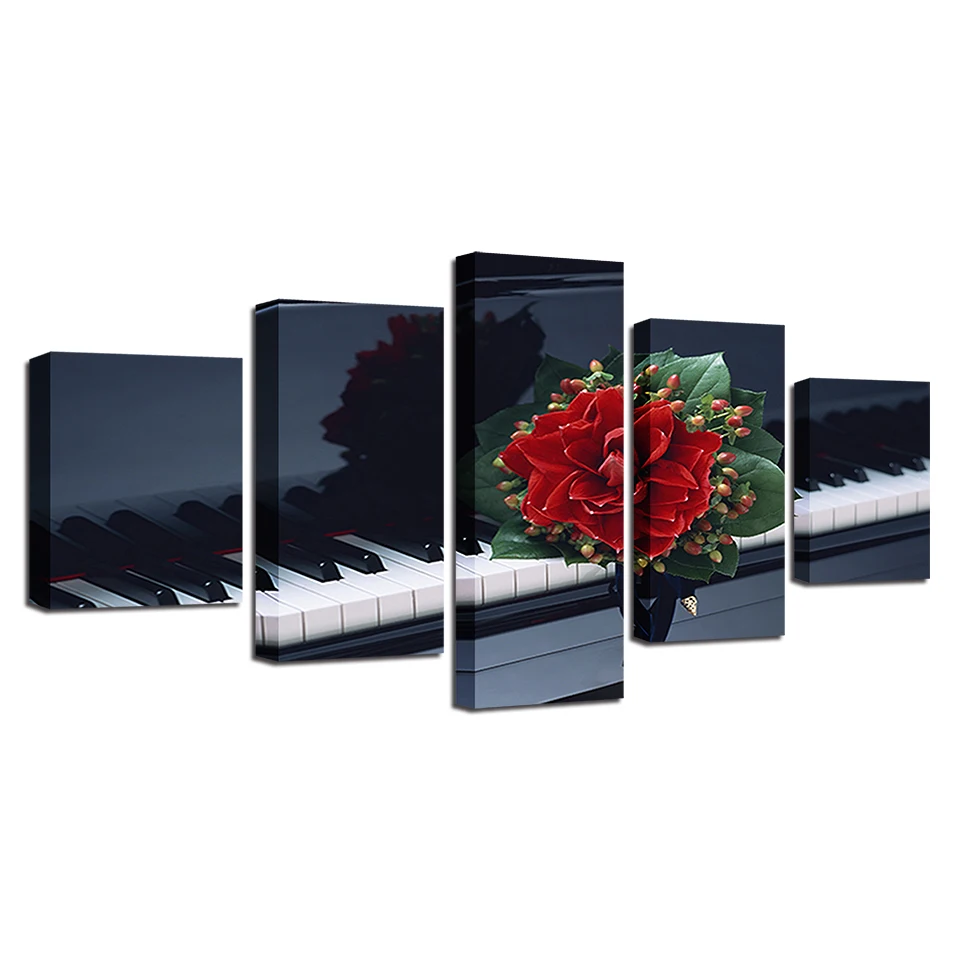 

Poster Art Decor Home Room 5 Pieces Red Flowers Black And White Piano Key Painting HD Printed Framework Modular Canvas