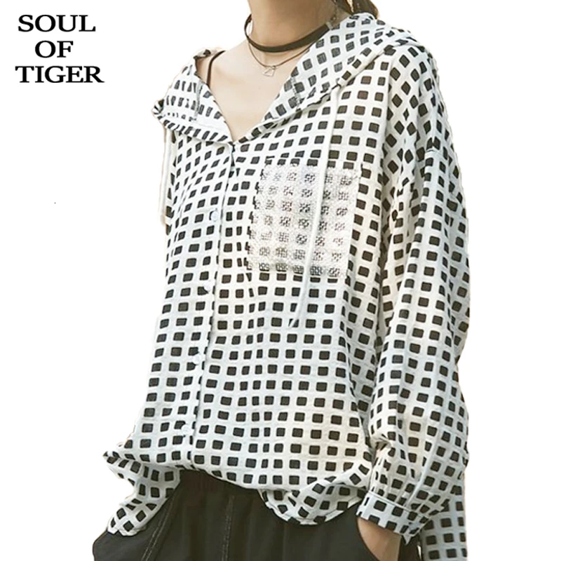 Женская рубашка с капюшоном SOUL OF TIGER Повседневная хлопковая блузка в клетку
