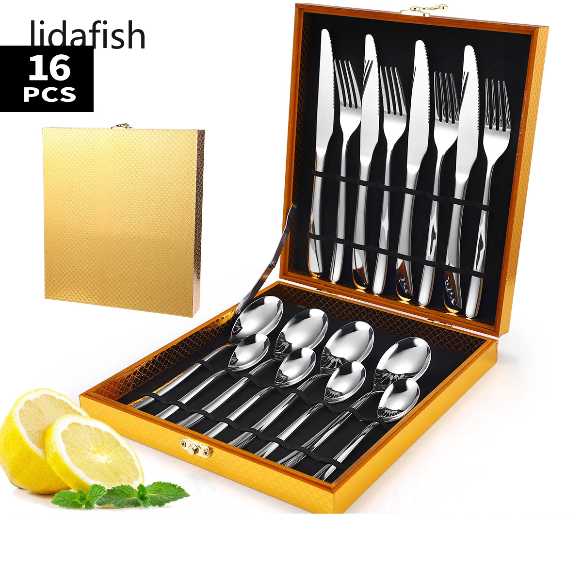 

Роскошные серебряные столовые приборы lidafish, 16 шт., набор столовых приборов из нержавеющей стали с ножом, вилкой, ложкой, набор посуды для дом...