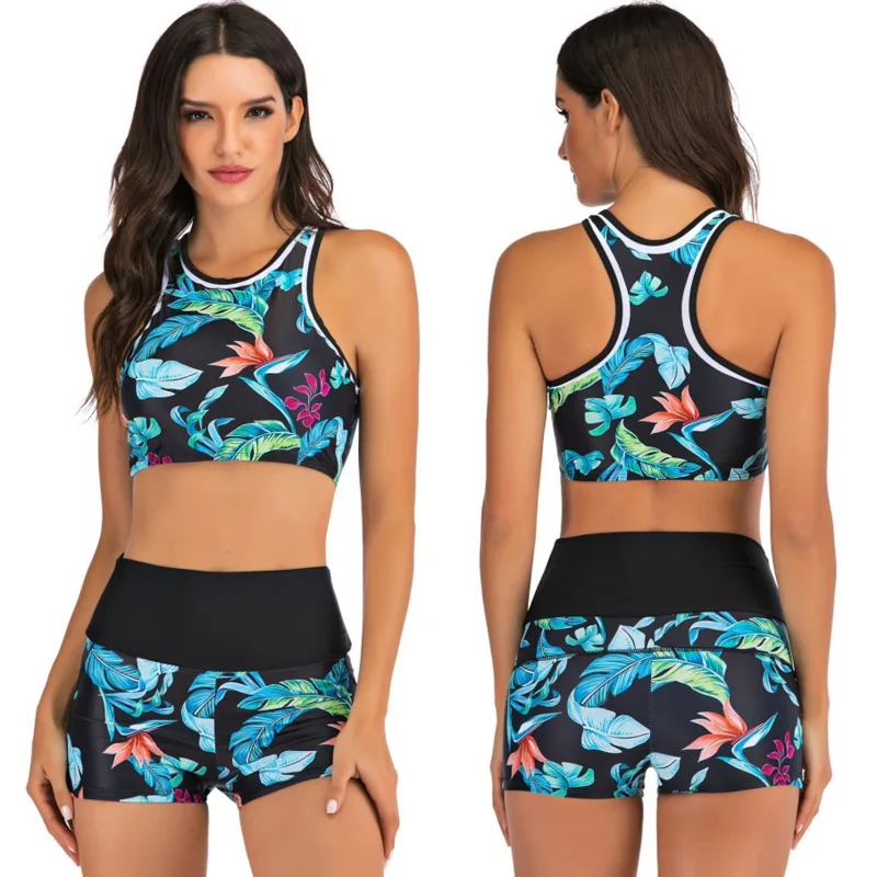 

2021 Summer Women Fashion Floral Print Bikini Set Casual Beach Swimsuit Tops Vest+High Waist Shorts Swimwear Suit Sportwear