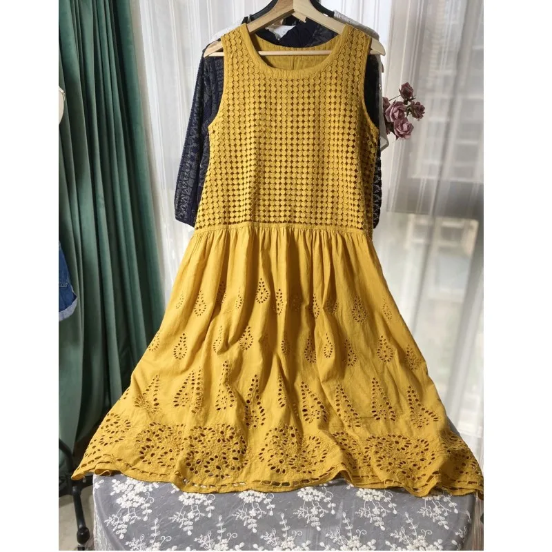 

Lamtrip Bright yellow gothic hollow out embroidery circle lace patchwork sleeveless cotton layers tank dress