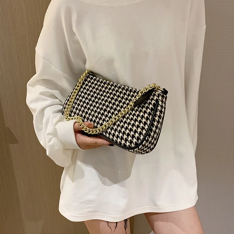 

Vintage Plaid Pattern Casual Fashion Messenger Bag Women Handbag Houndstooth Shoulder Bags Chains Vintage Baguette