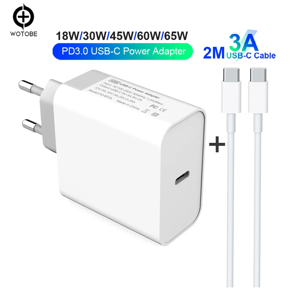 18 Вт 30 Вт 45 Вт 60 Вт 65 Вт USB-C адаптер питания 3а кабель, PD/QC3.0 зарядное устройство для xiaomi huawei MacBook iPhone/iPad s9/10(и C-C кабель